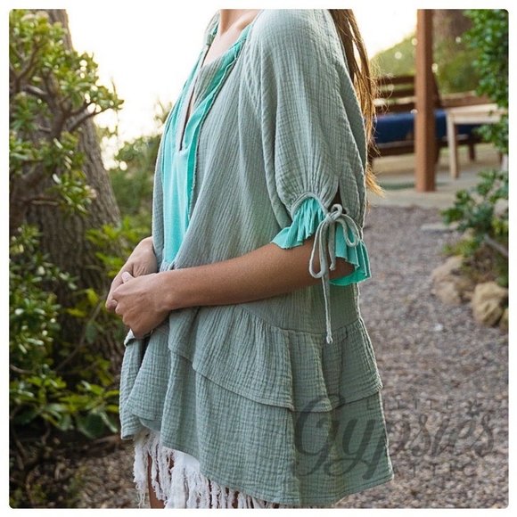 POL Emerald Sage Bohemian Tunic Top - Picture 6 of 14